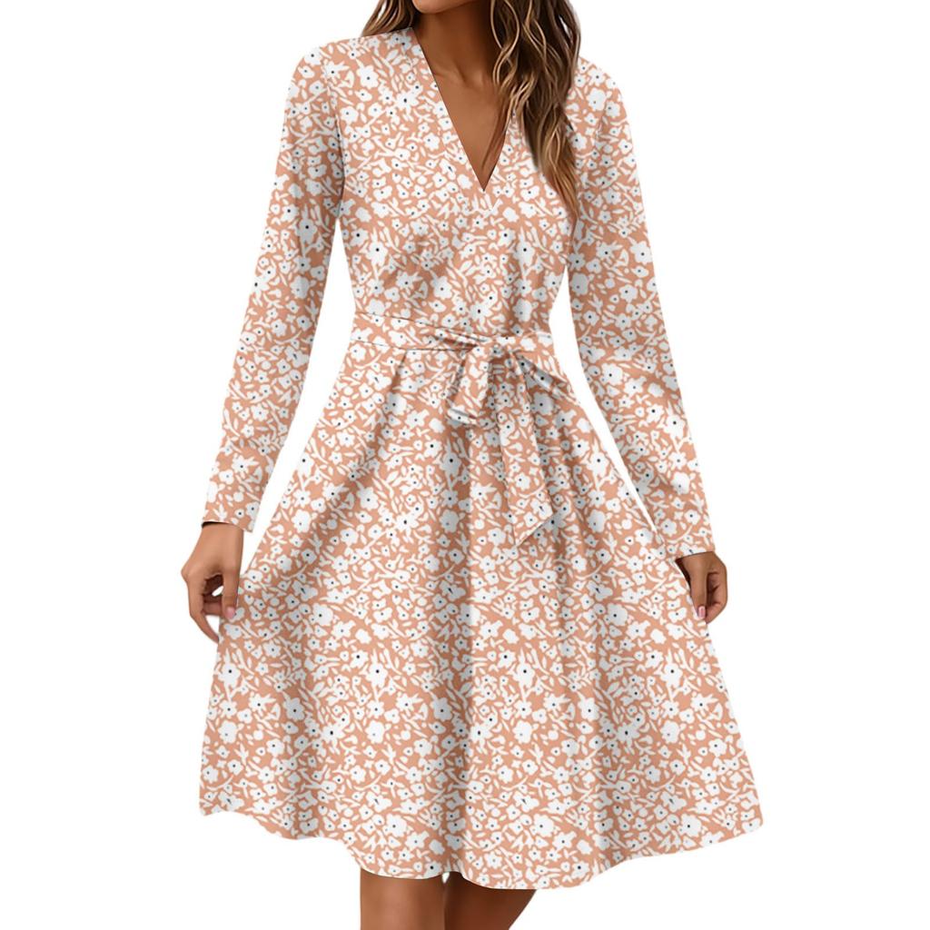 Dámské módní ležérní šaty midi s výstřihem do V, dlouhým rukávem, v pase a s květinovým potiskem