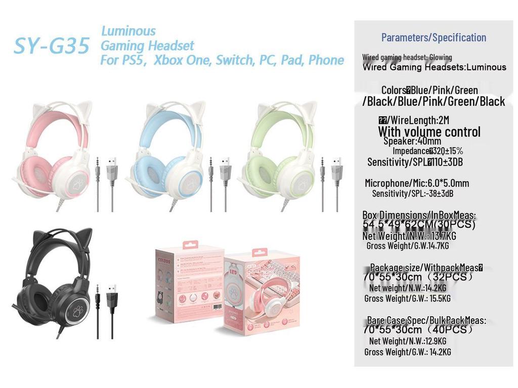Cat Ear Luminous Wired Gaming Headset for E-Sports