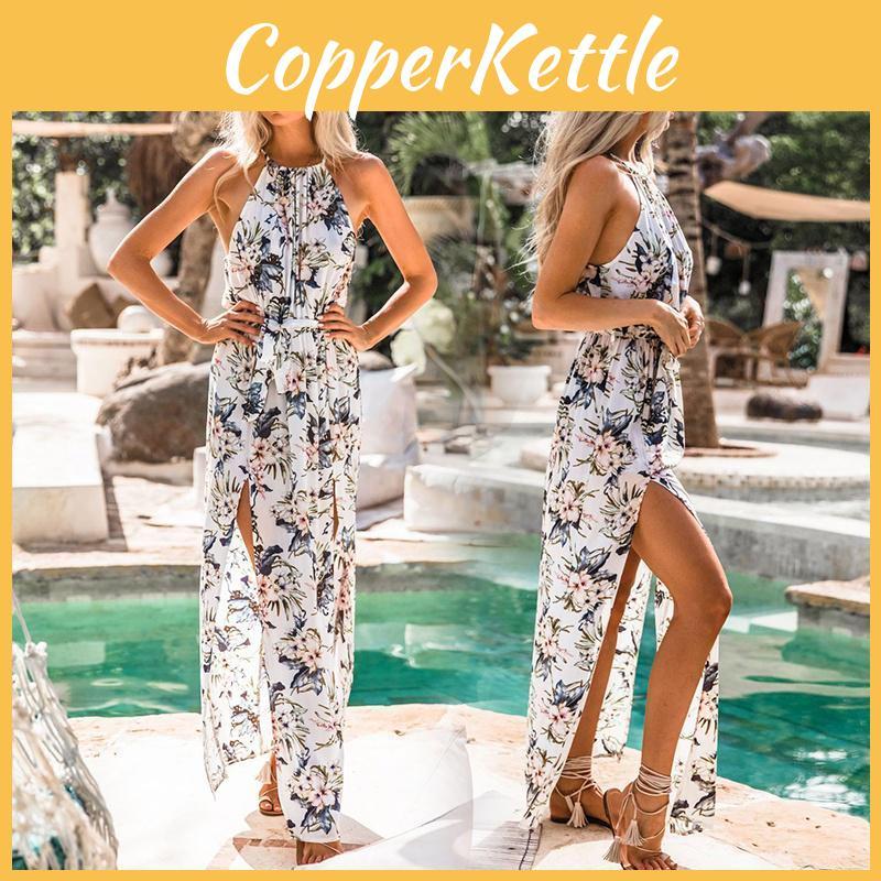 Elegant Women's Flower Print Sleeveless Boho Beach Long Dress For Effortless Style