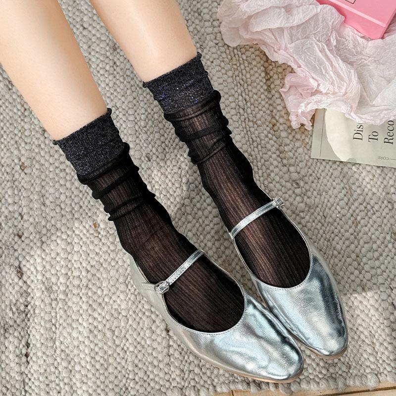 Silver Crystal Ballet Style Mid-Calf Socks - Women's Spring/Summer Transparent Ruffle Stockings, Japanese Sweet Girl Style.