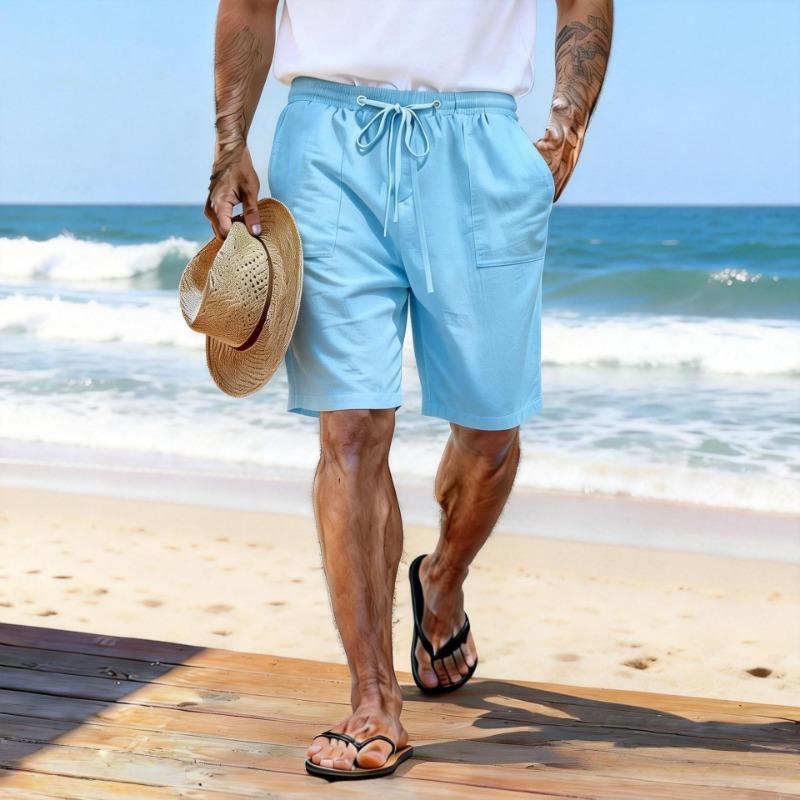 Pantaloncini in Cotone e Lino Coulisse Vita Elastica Gamba Dritta Monocolore Traspiranti Quotidiani da Spiaggia Casual