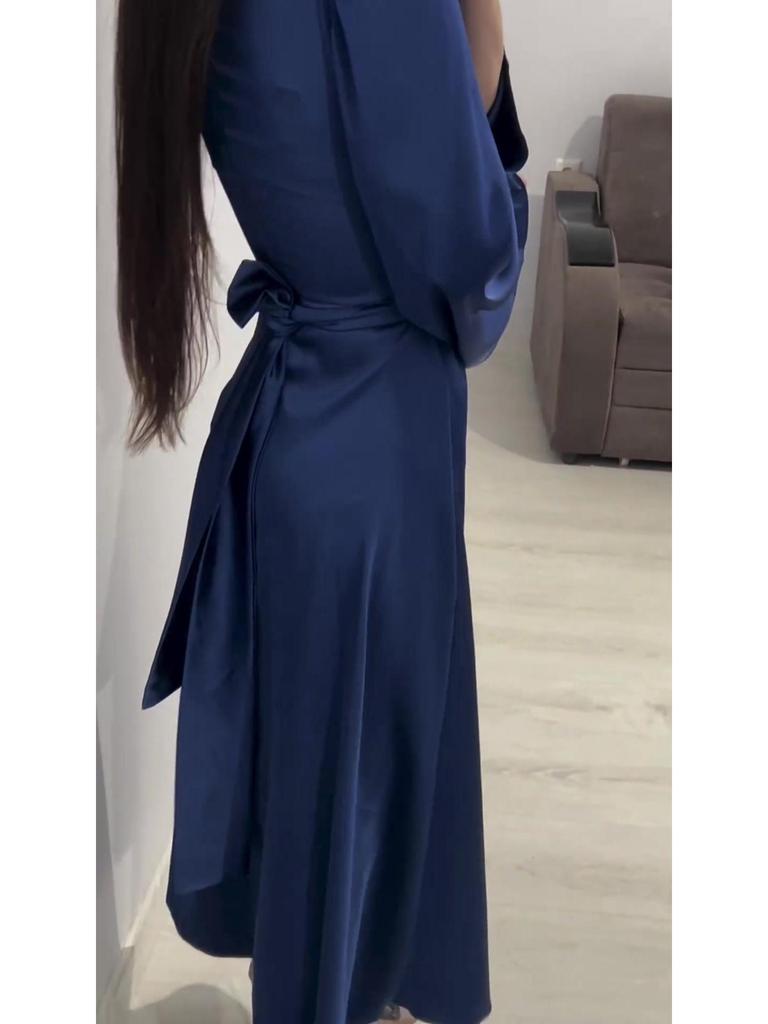 Europäisches & Amerikanisches Einfarbiges Schlankmachendes Binde-Langarm-Maxikleid (Frühjahr 2025 Kollektion)
