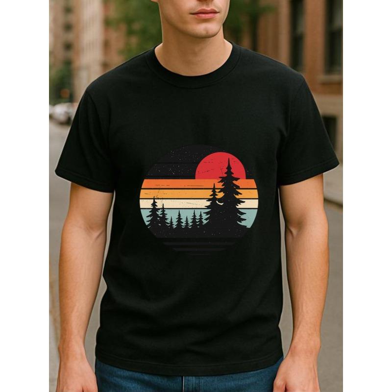 European sizes Round Retro Sunset Pine Forest View Men's Printed Short-sleeved Shirt, Regular Sweat-absorbing and Quick-drying Sports T-shirt