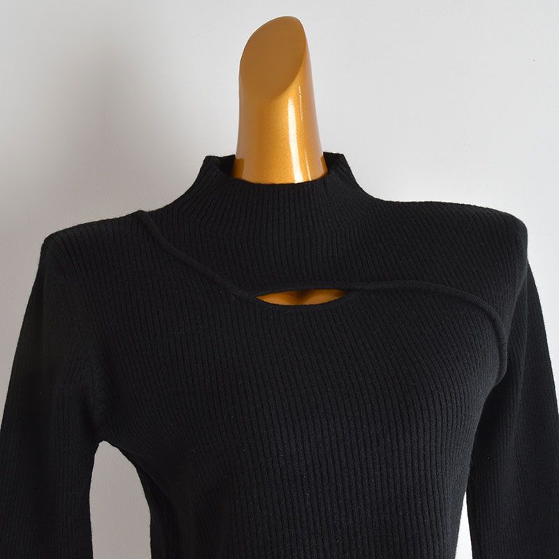 Fall and Winter New Arrival Pure Color Half Collar Pullover Sexy Cutout Knitwear Women's Clothing Loose Short Long Sleeve Bottoming Top