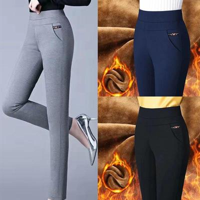 Women Pants High Waist Solid Color Pockets Autumn Winter Trousers Thickened Solid Color Fleece Lining Straight Pants Streetwear