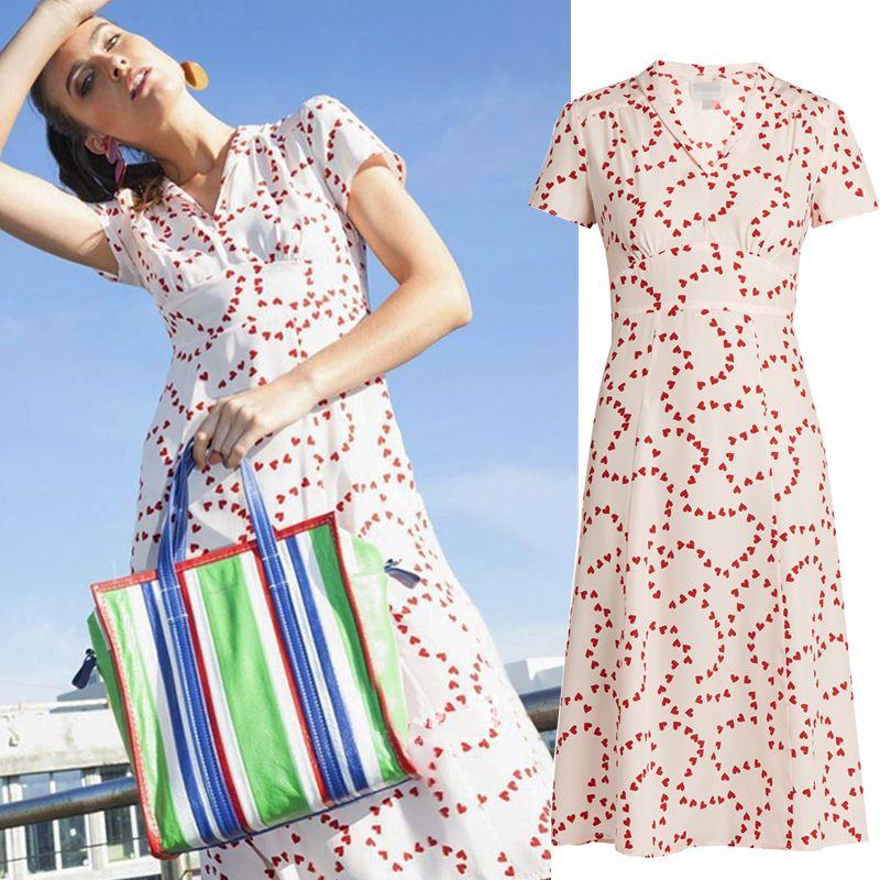 

2025 Summer Women s Clothing New Celebrity Style Retro Style Heart Printing Short Sleeve Shoelace Mid-Length Dress Print heart-shaped short-sleeved belt Dress L