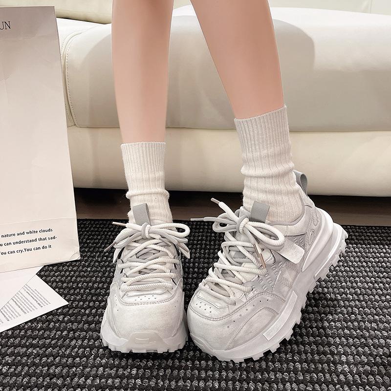 2025 Autumn New Korean Version Ins Retro Polished Leather Dad Shoes Thick-soled Round Head Lace-up Comfortable Versatile Forrest Gump Shoes