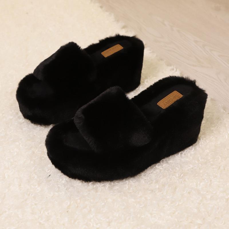 Women Fur Slippers Wedges Platform Shoes New 2025 Trend Open Toe Flip Flops Short Plush Cozy Winter Slides Woman Zapatos