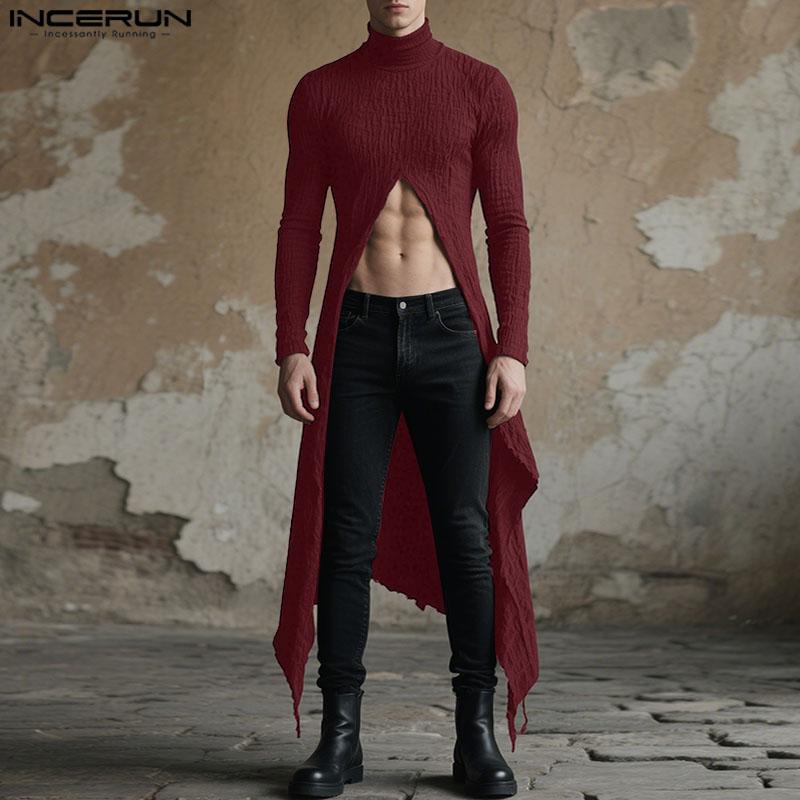 INCERUN Men Turtleneck Long Sleeve Texture High Splits Irregular Long Tunic Tops