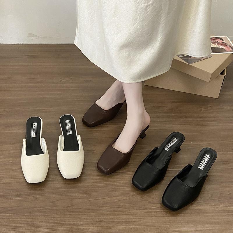 Temperament Baotou Shoes Early Spring High Heel Square Head Half Slippers French Women's Outer Wear 2025 New One-Pedal Muller Shoes