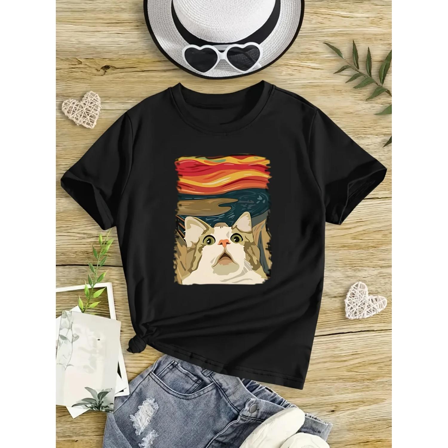 

Cute cat print short-sleeved T-shirt casual and versatile style suitable for daily wear and going out in summer XXXXXL чорний