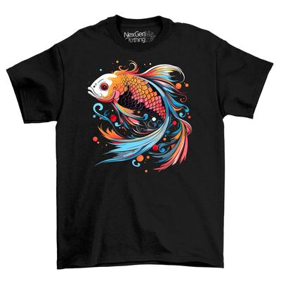 Regenbogen Goldener Koi Fisch Japanischer Stil T-Shirt Top Unisex s Schwarze Baumwolle Unisexs Goth Fantasy Dunkel