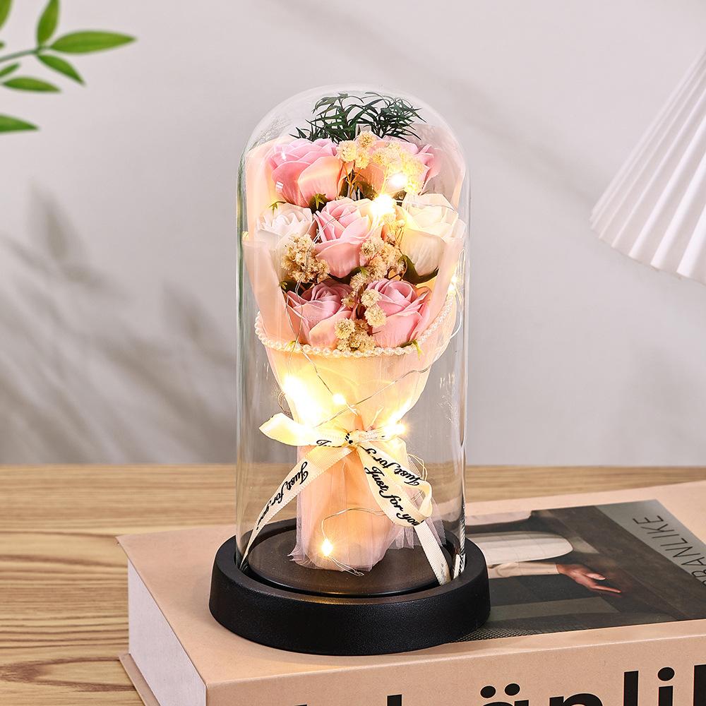 Qixi Festival Valentine's Day Gift Pearl Yarn Eternal Flower Rose Glass Cover Creative Birthday Gift Ornament