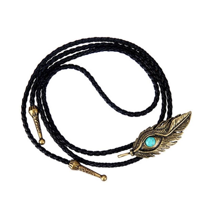 Metal Turquoise Bolo Tie Wing Pattern Feather Necktie for Shirt Jeans Western Necklace Braided Shoestring Necktie Bola-T