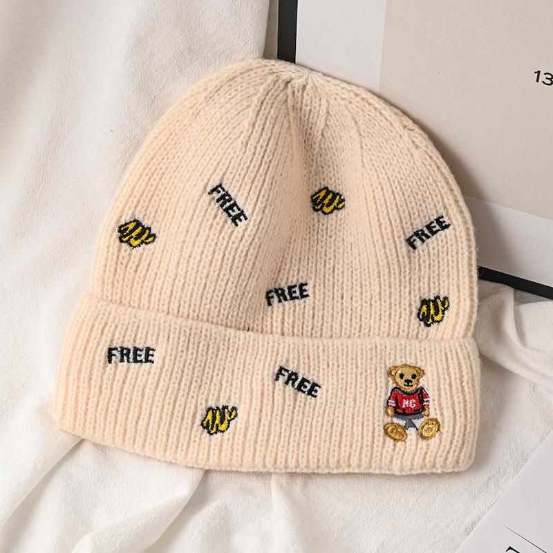 Hat Female Autumn and Winter Wool Hat Versatile Embroidered Letter Knitted Outdoor Riding Warm Cute Bear Pullover Hat