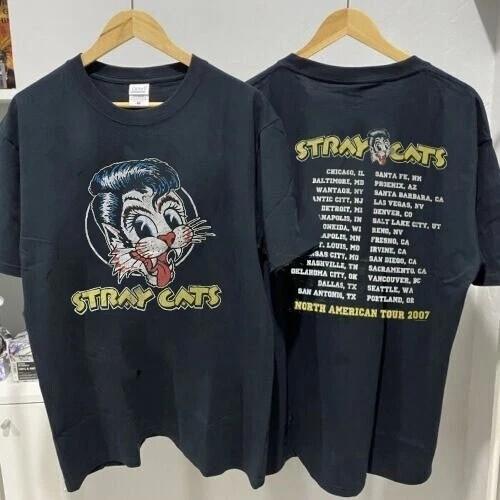 Футболка Stray Cats, Футболка Stray Cats Тур 2007 Черная 2-сторонняя Хлопковая Унисекс S-5XL Унисекс Футболка XXL