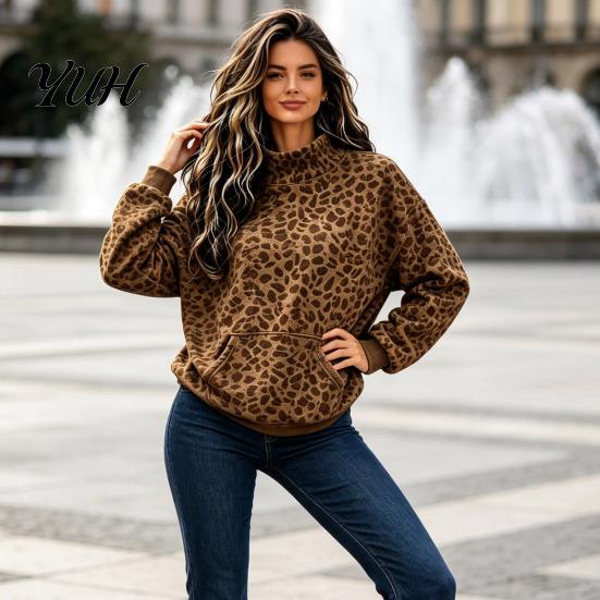 Loose Fit Sweatshirt Women Leopard Print Sweatshirt, Mock Neck Long Sleeve Pullover with Top Kangaroo Pocket, Drop Shoulder Casual for Fall