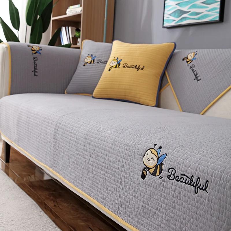 Non-Slip Sofa Cushion Thickened Fabric Four Seasons Universal Cushion Simple Modern Cartoon Cat Skin PrintingRetro Chinese Style