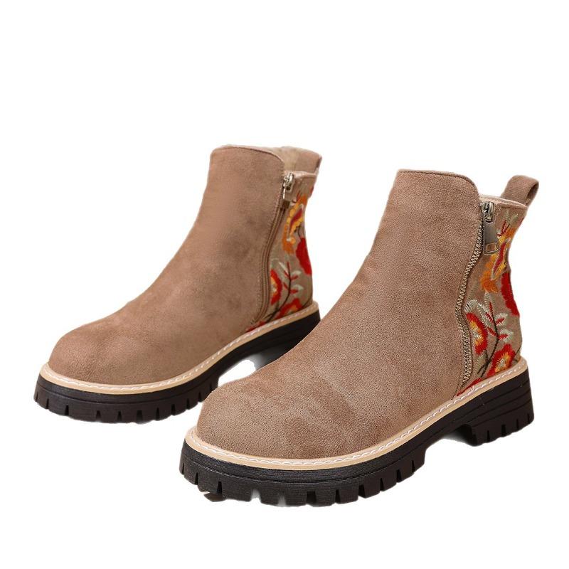 Winter 2025 Suede Print Booties Women's Plus Size Side Zipper Vintage Round Toe Muffin Martin Boots