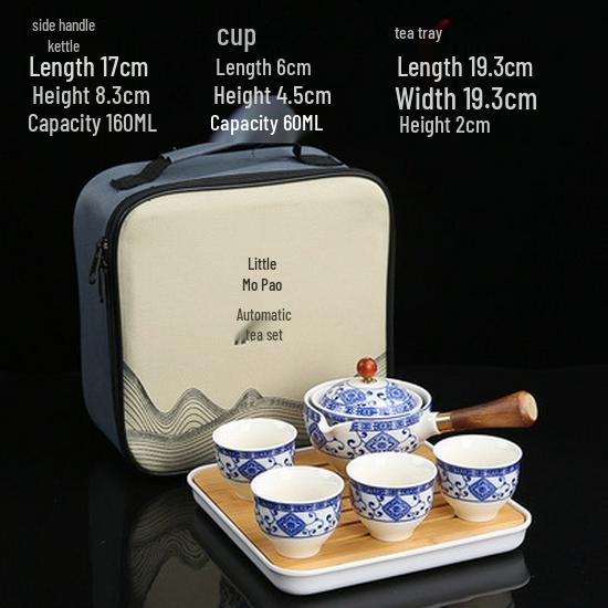 Portable Ceramic Kung Fu Tea Set with Bag – Includes One Pot, Four Cups, and Side Handle for Outdoor or Car Use