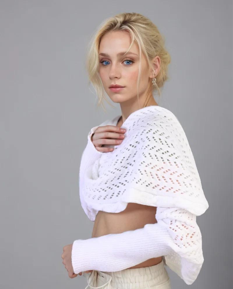 

A Pure Color Polyester Core-Spun Yarn Knitted Cut Out Shawl for Women to Go Out in Autumn and Winter with a Warm Shawl One Size слоновая кость