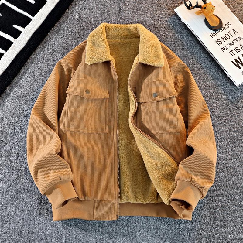 Men's Thick Corduroy Jacket with Fleece Lining - Long Sleeve Warm Cotton Outerwear