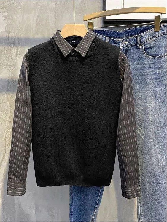 Men's Slim Retro Knitted Sweater with Shirt Collar - Autumn & Winter Trend