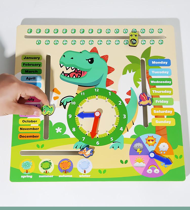 Wooden Six-in-One Educational Calendar Clock: Puzzle for Time, Seasons, Months, and Weather Cognition