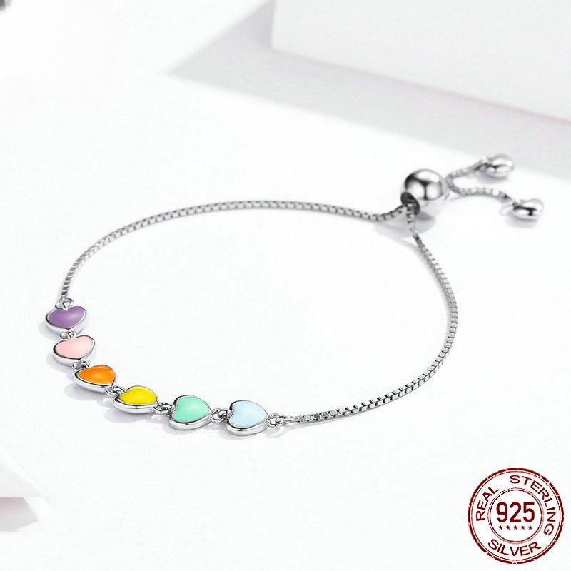 Rainbow Heart S925 Sterling Silver Bracelet Platinum Plated Fashion Silver Bracelet