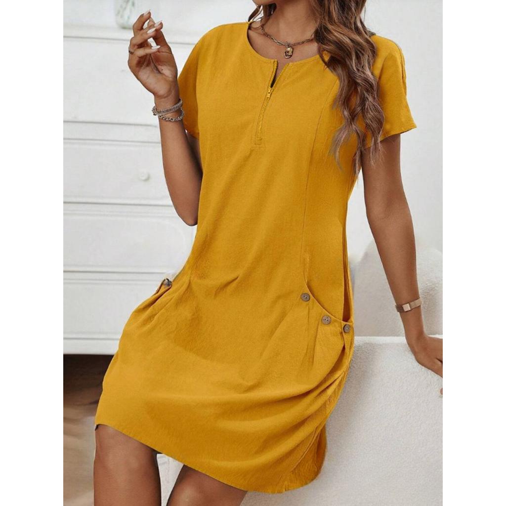 Ladies' Summer Casual Dress with Zipper Half Placket, Button Decoration, and Double Pocket Loose Fit, Cute Summer Jumpsuit