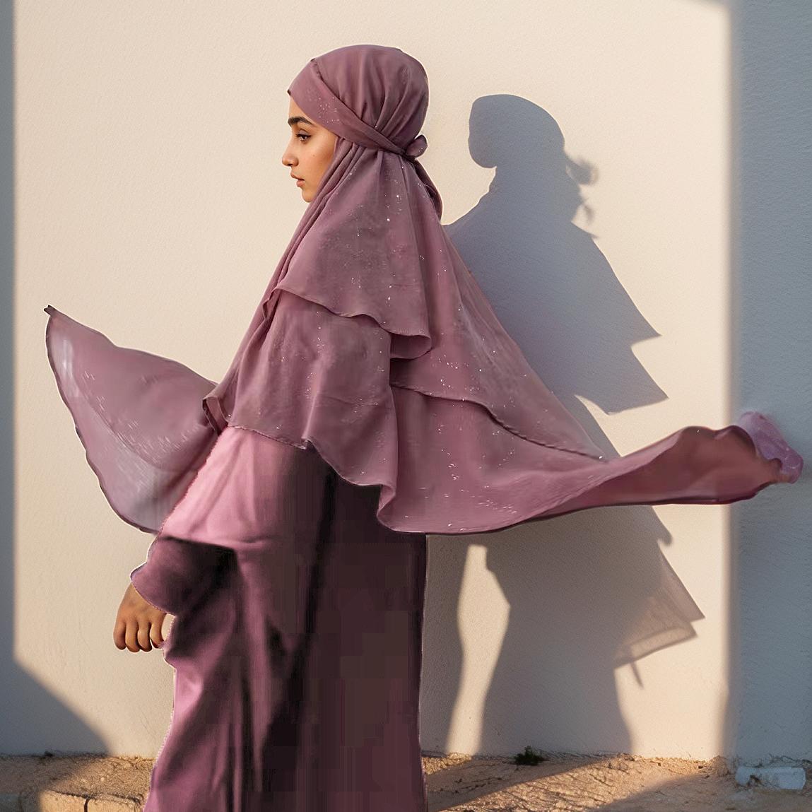 

New Irregularity Design Glitter Muslim Prayer Hijab Lightweight Polyester Chador Solid Overhead 2 Layers Flowy Lady Khimar