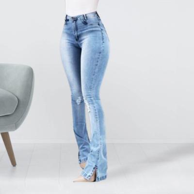 Lady Jeans High Waist Long Elastic Flare Design Denim Pants for Daily Wear