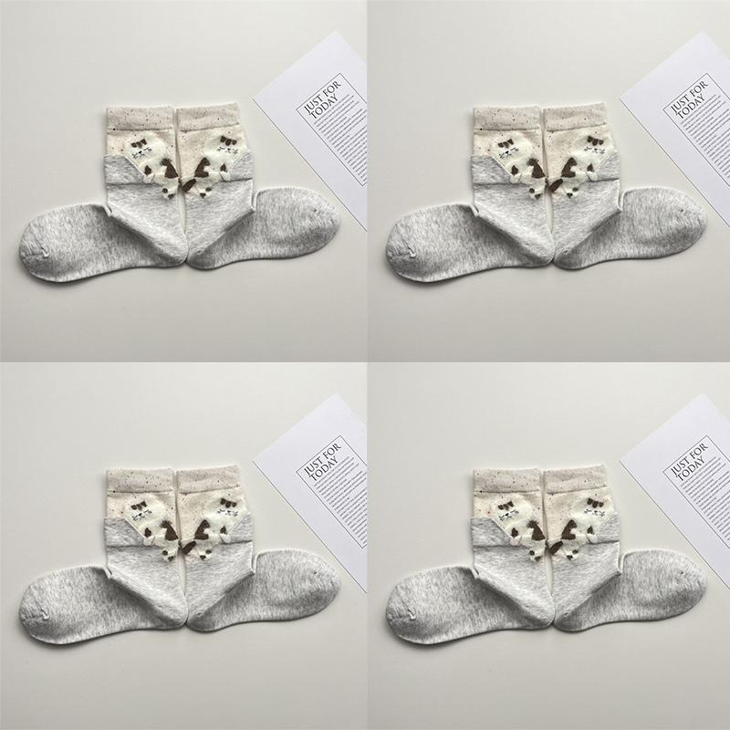 4 Pairs Cartoon Cute Cat Cotton Socks Women Girls Middle Tube Sleep Floor Socks