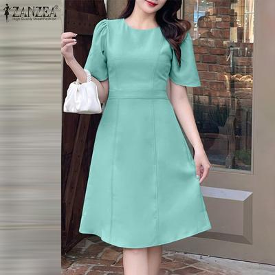 Women Summer Round Neck Solid Color Casual Short Sleeve Dress