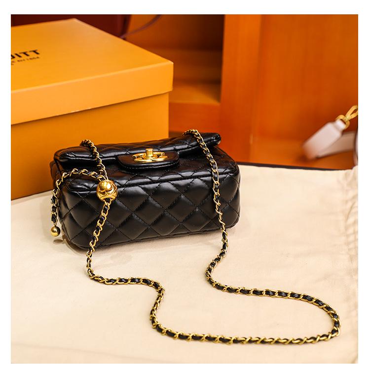 2024 Designer Trend Shoulder Bag: Fragrant Style Diamond Lattice, Gold Bead Chain, Square, Genuine Leather Women's Handbag.