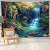 Forest Waterfall Tapestry with Mushrooms and Flowers  Colorful Floral Plants Natural Landscape Wall Art Fantasy Aesthetic Wall