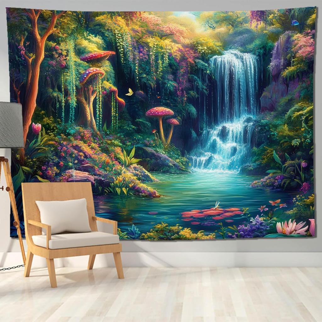 Forest Waterfall Tapestry with Mushrooms and Flowers Colorful Floral Plants Natural Landscape Wall Art Fantasy Aesthetic Wall