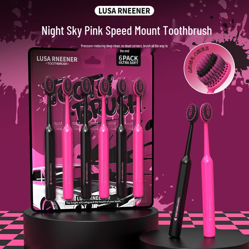 LR Black Pink Series Měkké zubní kartáčky [Balení 6 ks] - Konvexní design ve tvaru vlny pro dospělé