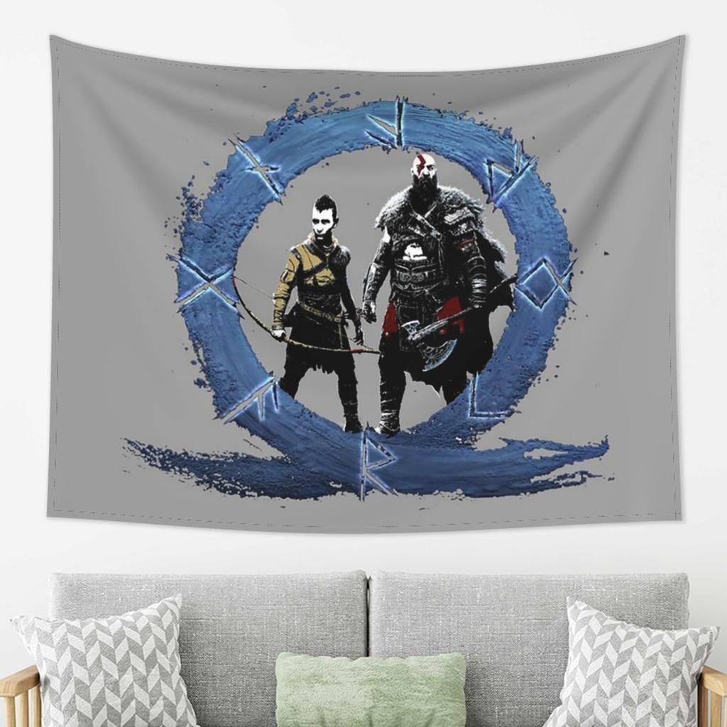 Men God Of War Kratos Game Tapestry Wall Hanging Aesthetic Home Decoration Tapestries for Living Room Bedroom