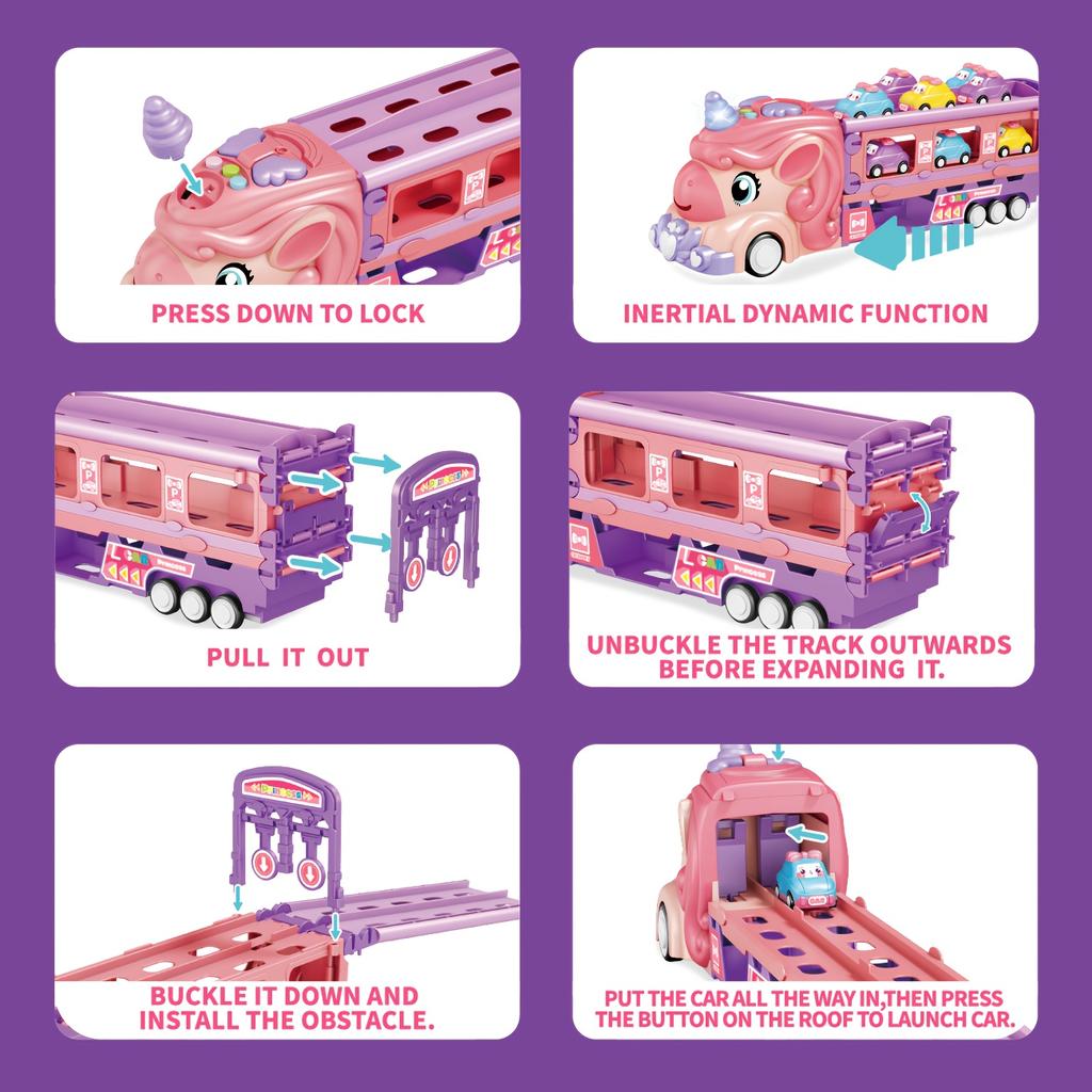 Różowy Ciężarówka Transportowa Jednorożec Zabawka z Trybem Rozkładanego Toru, Składane Przechowywanie, Efekty Świetlne i Dźwiękowe, Zawiera 6 Mini Samochodzików, Samochodziki Zabawki