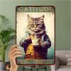 Cat Attitude Metal Sign, Vintage Cat with Coffee Cup Wall Decor