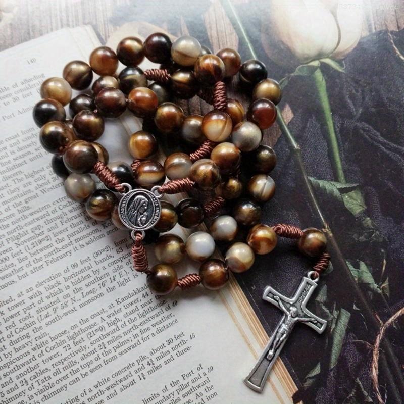 Vintage Rosary Catholic Prayer Beads Necklace Christ Jesus for Cross Pendant Necklace Beaded Religious Jewelry Gift F0T6