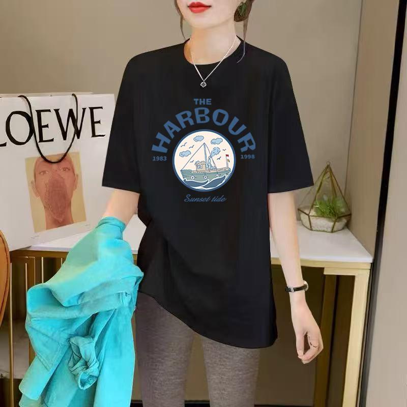Short Sleeve Women's Medium and Long Hip Cover T-Shirt Summer Crew Neck Black Cotton T-Shirt Loose Large Top