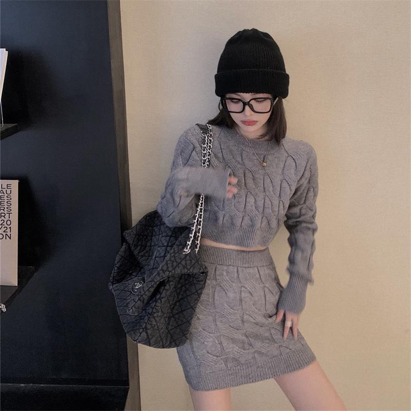 Women's Cable Knit Sweater & Skirt Set - Slim Fit Long Sleeve Top with High Waist Short Skirt