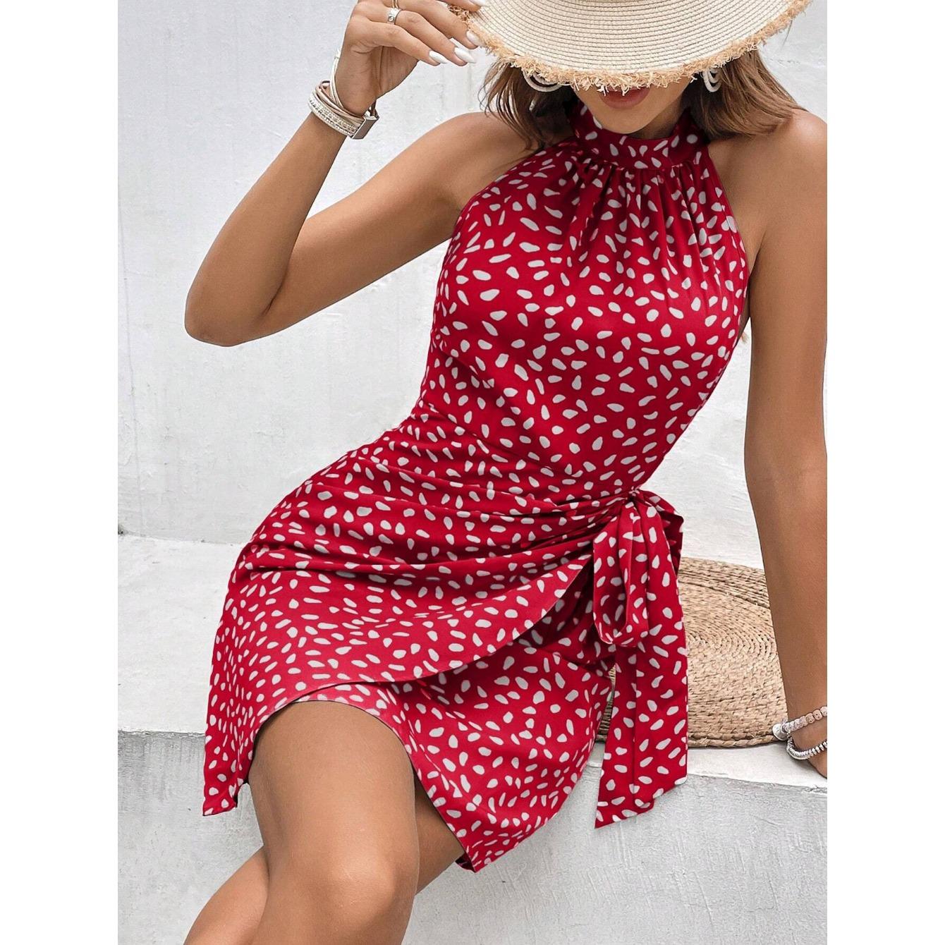 

IHUASU Женское летнее модное платье без рукавов с застежкой-молнией и цветочным принтом, короткое, с плиссировкой M красный