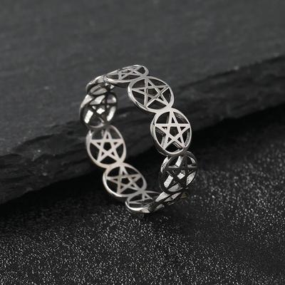 Stainless Steel Pentacle Ring Geometric Pentagram Ring for Women Wicca Protection Amulet Hollow Star Christmas Jewelry
