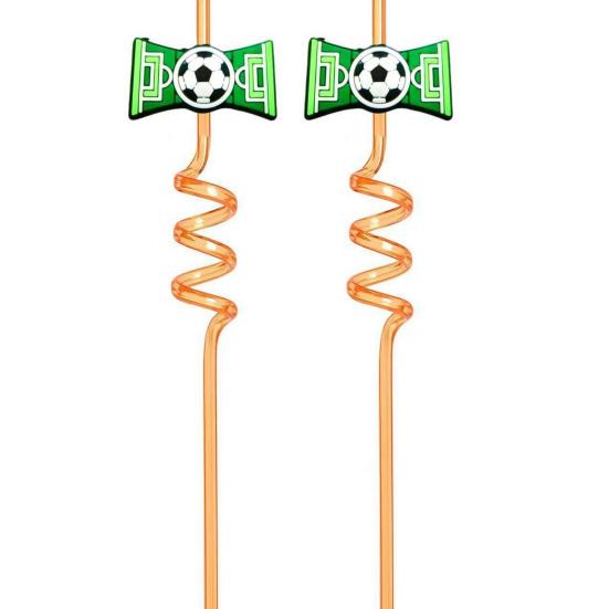 2Pcs Soccer Theme Spiral Straws, PET Reusable Curved Drinking Straws with Football Charm, World Mug Party Beverage Decor