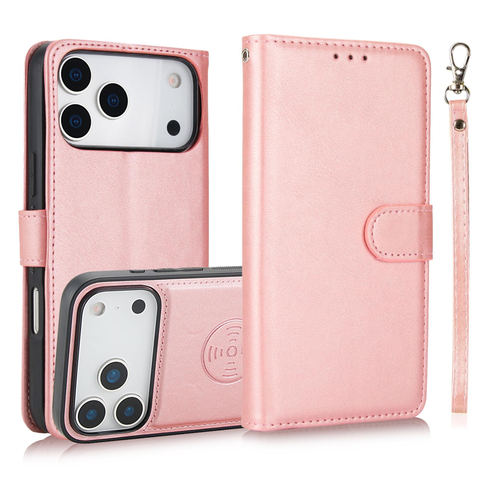 

2 in1 Detachable Cards Solt Wallet Leather Flip Case For iPhone 17 Pro Max 16 Plus 15 Plus 14 13 12 11 kickstand Magnetic Cover iPhone 15 Pro Max рожевий колір золота