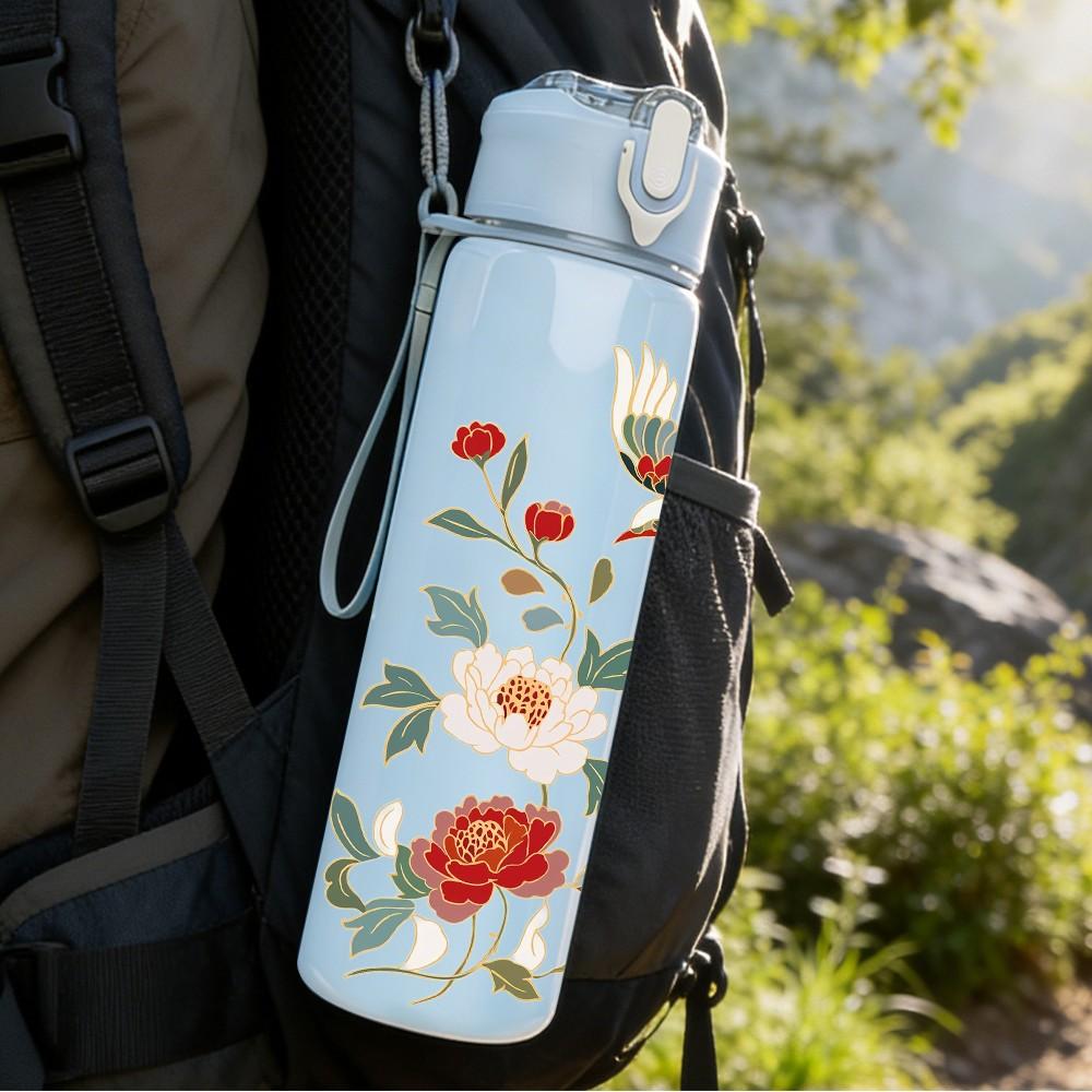 1PC Red Floral Watercolor Vintage Pattern 750ml Color Plastic Sports Water Bottle Leakproof Flip Straw Lid Suitable for Sports Office Home Use