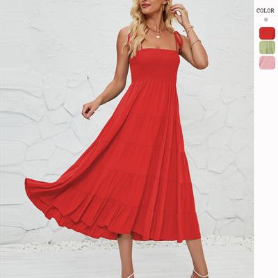 Rochie maxi pliată în straturi, cu bretele, sexy, boemă